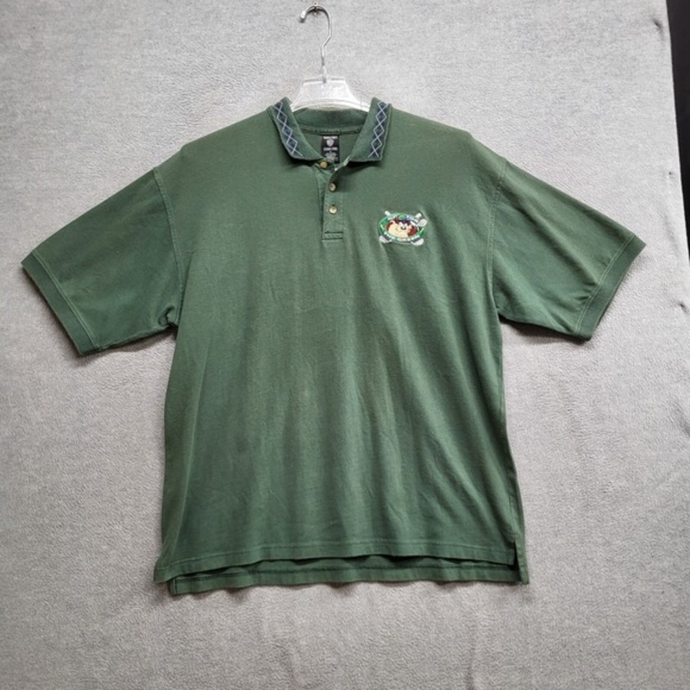 VINTAGE Warner Bros Men Polo Shirt XL Green‎ Go For The Green Tasmanian Devil
